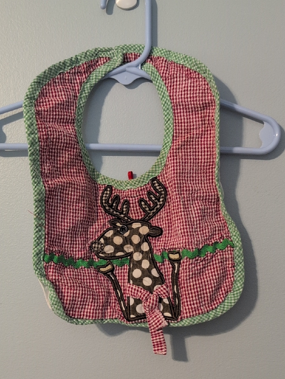 Mud Pie Red Gingham Bib with Green Trim and Reindeer Applique